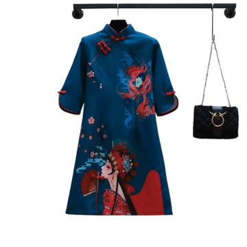2025 New Year Blue Elegant Party Fashion Modern Cheongsam Dress Women Short Sleeve Qipao Traditional Chinese Clothes