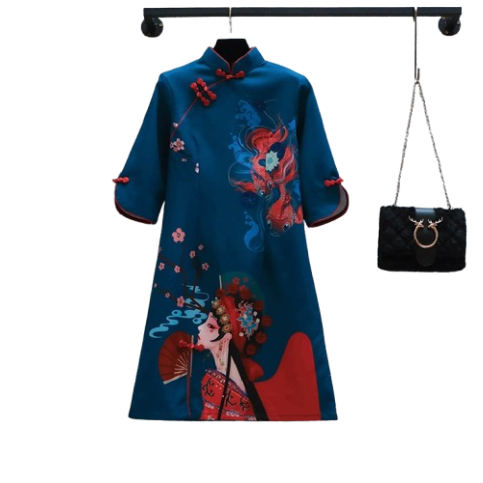 2025 New Year Blue Elegant Party Fashion Modern Cheongsam Dress Women Short Sleeve Qipao Traditional Chinese Clothes
