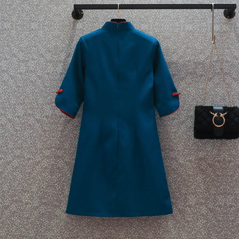 2025 New Year Blue Elegant Party Fashion Modern Cheongsam Dress Women Short Sleeve Qipao Traditional Chinese Clothes