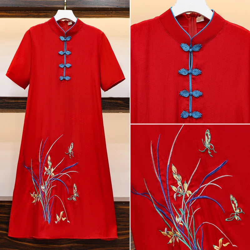 2025 M-4XL Plus Size Vintage Red Embroidery Chinese Traditional Qipao