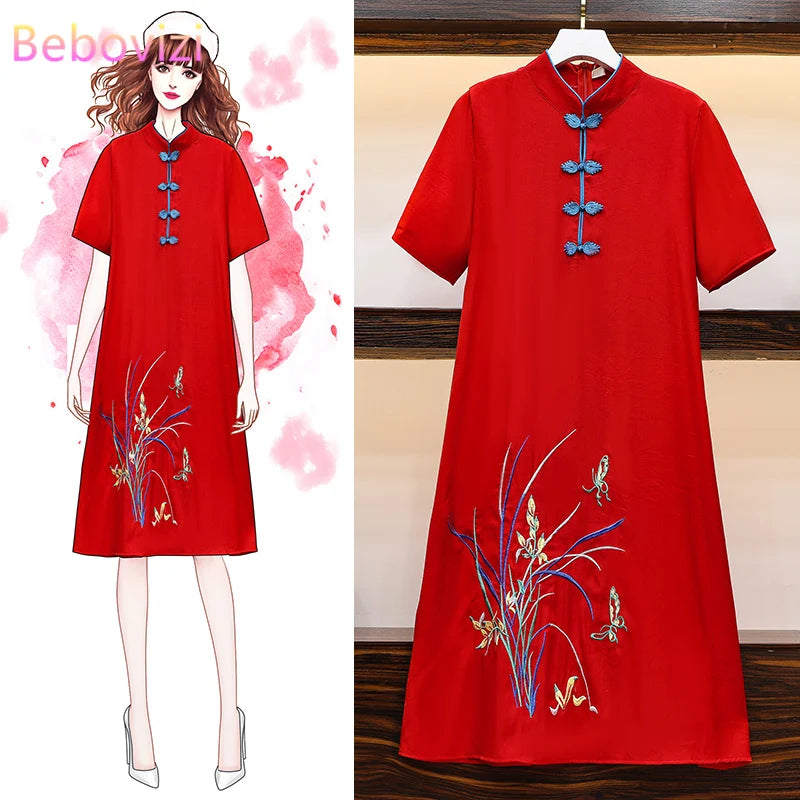 2025 M-4XL Plus Size Vintage Red Embroidery Chinese Traditional Qipao