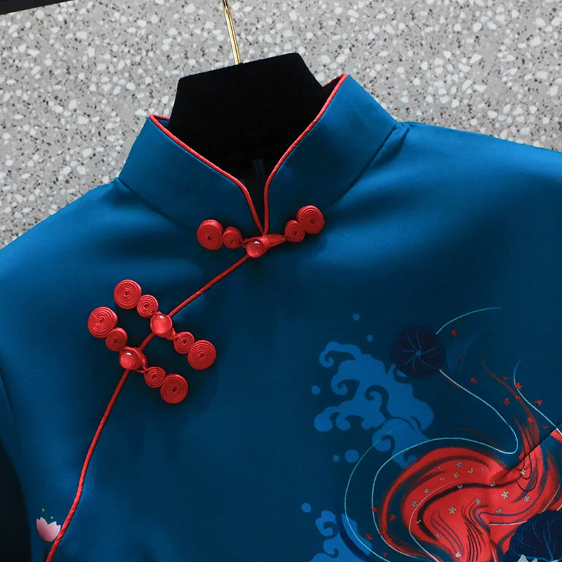 2025 New Year Blue Elegant Party Fashion Modern Cheongsam Dress Women Short Sleeve Qipao Traditional Chinese Clothes