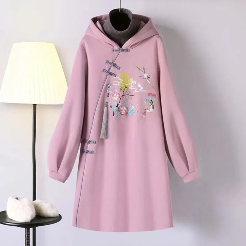 Dress Women's Spring Chinese Traditional Style Hanfu Cheongsam Improved Embroidered Tang Suit 2021 Hooded Sweatshirt Vestidos