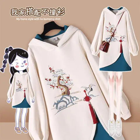 Dress Women's Spring Chinese Traditional Style Hanfu Cheongsam Improved Embroidered Tang Suit 2021 Hooded Sweatshirt Vestidos